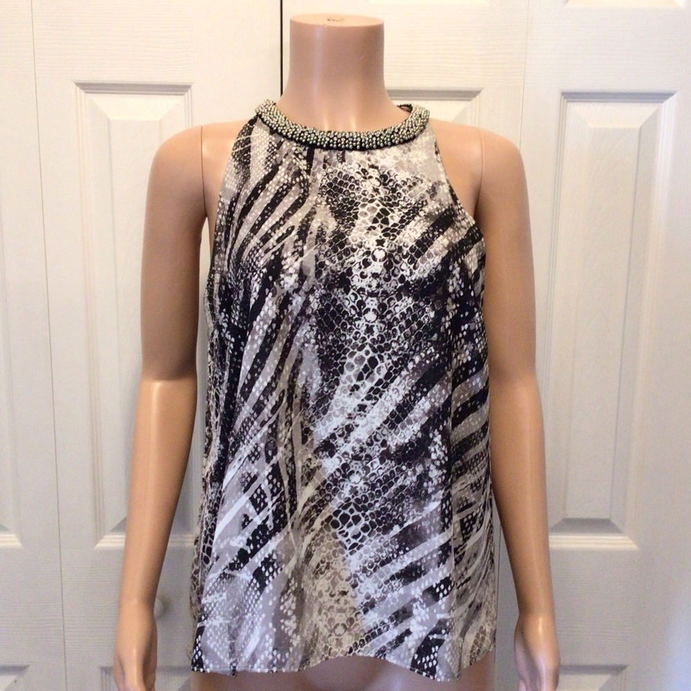 Jennifer Lopez Womens Sleeveless Snake Print Beaded High Neck Blouse Top Size M